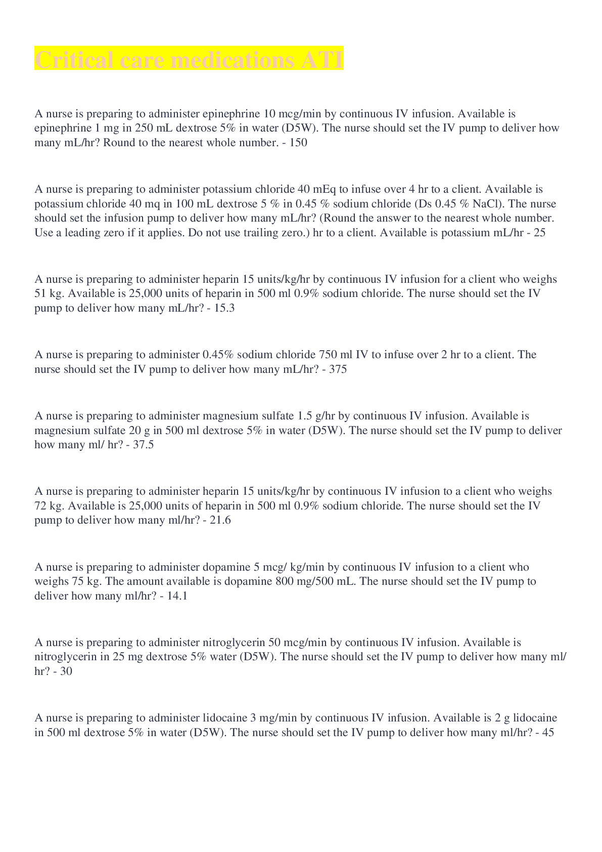 Preview image for Critical care medications ATI 2022 Med math fully solved